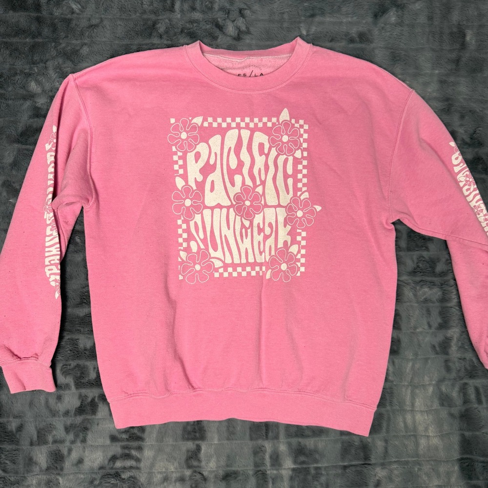 PacSun PS / LA Pink Graphic Crewneck Sweatshirt Floral Checkered Mens Medium